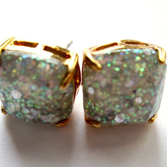 ♠ Kate Spade Opal Glitter Stud Earrings Gold Tone Square Cushion Resin Sparkly - Picture 4 of 12
